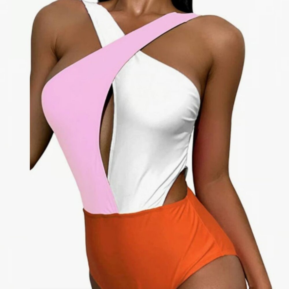 One Piece Swimsuit Wrap Color Block Swimsuit